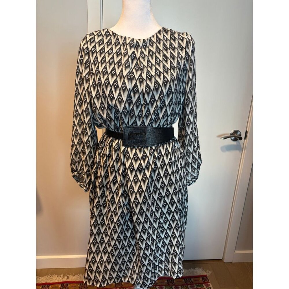 H&M Black & Ivory Geometric Print Midi Dress | Long Sleeve | Size 10